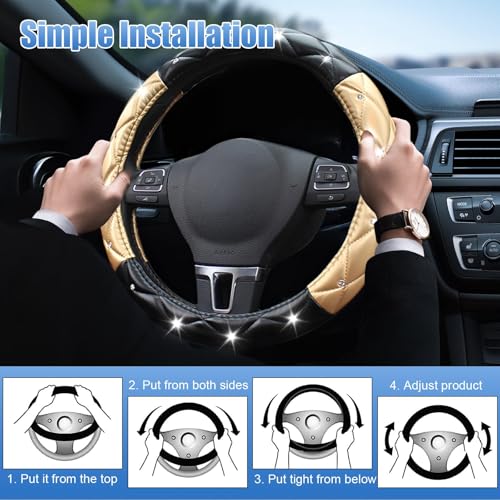 Black and Gold Steering Wheel Cover, Auto Cute Diamond Bling Soft Comfort Leather Car Interior Accessories Protector Sparkly Fit Most O-Shaped Steering Wheels