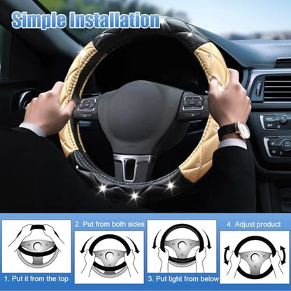 Black and Gold Steering Wheel Cover, Auto Cute Diamond Bling Soft Comfort Leather Car Interior Accessories Protector Sparkly Fit Most O-Shaped Steering Wheels