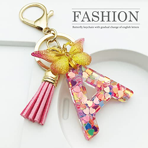 JINGUAZI Initial letter Keychains for Women Tassel Butterfly Pink Purple Cute Car Keychain for Wallet Backpack bag charm - color: A-pink