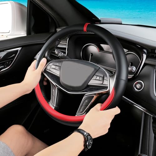 Black Red Car Steering Wheel Cover, Nappa Leather, Bottom Color Blocking, Universal 14.5-15 Inch Leather Anti-Slip Breathable Auto Steering Wheel Covers for Men Women - color: Black Red