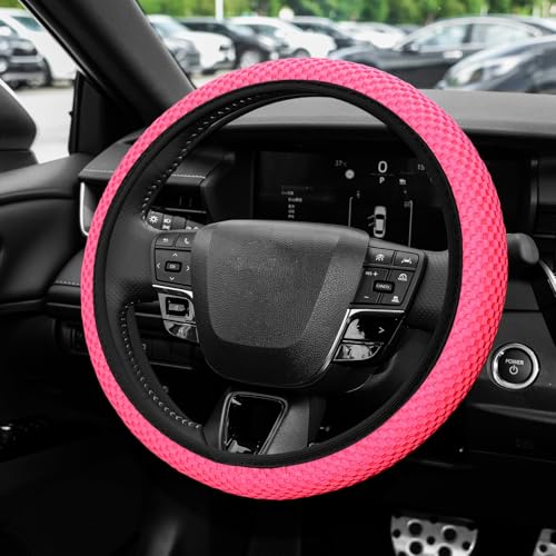 Elastic Stretch Steering Wheel Cover, Steering Wheel Protector, 15 Inch Anti-Slip Breathable Microfiber Ice Silk Protection, Easy Carry, Warm in Winter & Cool in Summer for Cars (Rose Red) - color: Rose Red