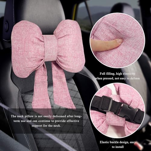 Bow Car Headrest Pillow, Breathable Ergonomic Auto Neck Cushion with Adjustable Strap, Comfy Vehicle Neck Support Pillow Cute Bow Girl-Style Decoration for Driving Seats (Pink)
