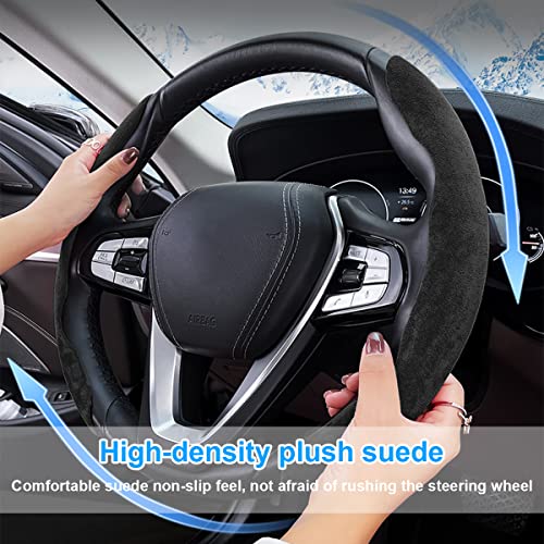 Car Steering Wheel Cover, Microfiber Suede Leather and Carbon Fiber Double Sided Design, Warm in Winter and Cool in Summer, Breathable Non Slip Segmented Protector for Most Cars (Turn Fur/Black) - color: Turn Fur/Black