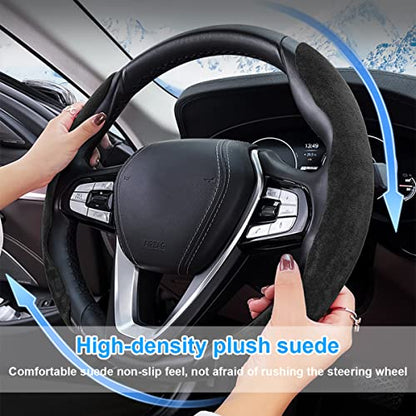 Car Steering Wheel Cover, Microfiber Suede Leather and Carbon Fiber Double Sided Design, Warm in Winter and Cool in Summer, Breathable Non Slip Segmented Protector for Most Cars (Turn Fur/Black) - color: Turn Fur/Black