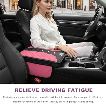 Bling Crown Car Center Console Cover, Crystal Leather Auto Armrest Box Cushion with 2 Storage Bags, Universal Crown Middle Console Cover Arm Rest Protector for Most Vehicles (Pink) - color: Pink