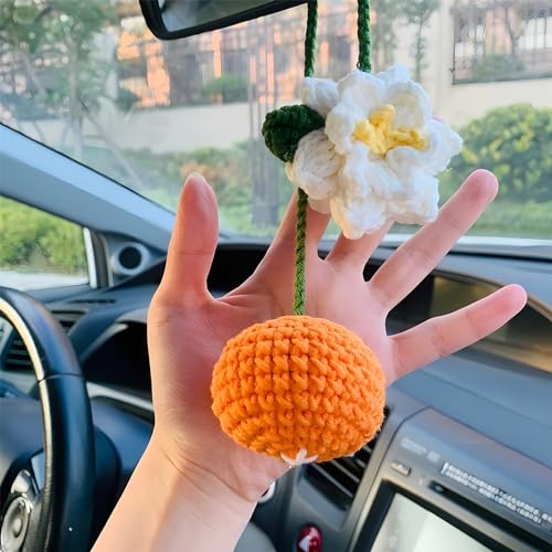 Cute Tangerine Car Mirror Hanger - Crochet Hand Knitted Rear View Mirror Accessory - color: Tangerine