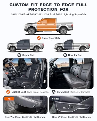 Floor Mats for F150 Ford 2015-2025 2026 and F150 Lightning 2022-2025 2026 SuperCrew with Bucket Seats(Without Rear Fold Flat Storage Box), Custom Fit TPE All Weather Floor Liners - size: F150/F150 Lightning Without storage