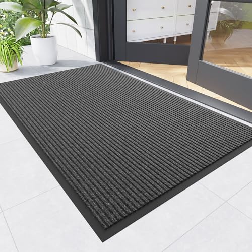 Front Door Mat, 2' x 6' Heavy Duty Indoor Outdoor Welcome Mat for Entryway, Commercial Entrance, Low Profile, Non-Slip, Durable Rubber Backing for Patio, Home - color: Gray-stripe, size: 2' x 6' (Rectangular)