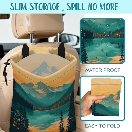 Car Garbage Bag Mountain and Forest at Sunset Hanging Canvas Car Trash Bag Drawstring Car Back Seat Organizer for Car Back Front Seat Console with Adjustable Buckle