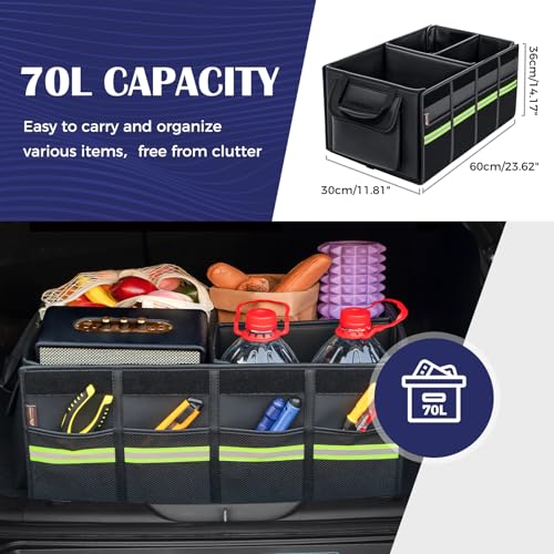 Coverado Car Trunk Organizer - 70L Nappa Leather Trunk Organizer for SUV with Lid, Multi Collapsible Car Storage Organizer Foldable, Multi Compartments with 2 Straps for SUV/Truck - size: L