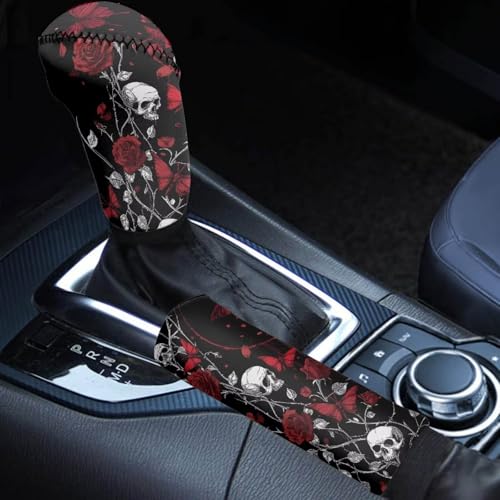 Skull Rose Print 2 Pcs Car Shift Knob Cover Handbrake Cover Set, Stretchy Car Gear Shift Knob Cover and Auto Selector Handball Collar Vehicle Interior Accessories - color: Skull Rose