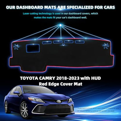 Dashboard Flannel Dash Cover Mat for Toyota Camry with HUD 2018 2019 2020 2021 2022 2023 Flannel Custom Fit Toyota Camry Series Dash Cover Black Trim (Camry 2018-2023, Black) - size: Toyota Camry Flannel 2018-2023 Red Border