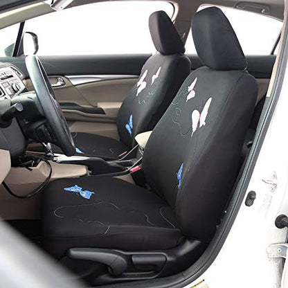 FH Group Full Set Butterfly Cloth Car Seat Covers - Universal Fit, Low Back Front Seat Covers, Solid Back Seat Cover, Washable Seat Cover for SUV, Sedan, Van, Black - color: Black Butterfly, size: Full Set