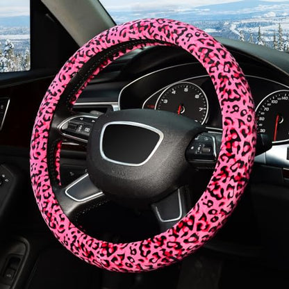 KAFEEK Leopard Plush Steering Wheel Cover for Woman Girl, Universal 15 inch, Pink - color: leopard pink, size: Standard Size[14 1/2''-15'']