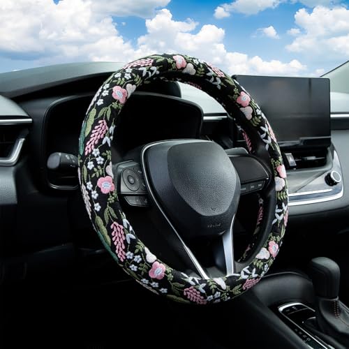 Embroidered Flowers and Leaves Cute Steering Wheel Cover Auto Anti-Slip Breathable Rubber Steering Wheel Protector,Floral Car Accessories for Women,Universal Size Fit Most Cars -15 inch - color: Leaves and Flowers