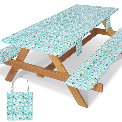 Picnic Table Cover with Bench Covers Waterproof Camping Tablecloth with Elastic for 6 Foot Rectangle Tables Outdoor Travel Essentials list Summer Rv Vacation Finds Gifts Ideas for Mens Womens - color: Blue Daisy, size: 72*30Inch