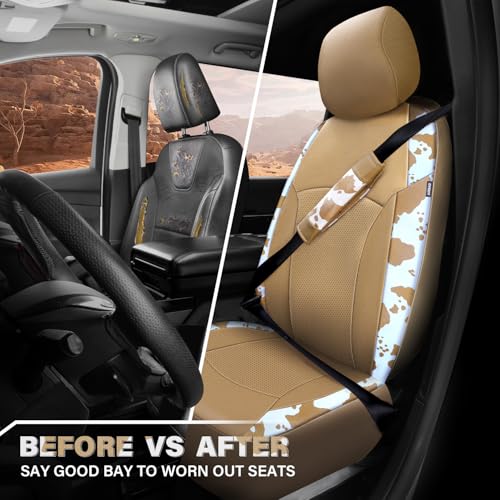CAR PASS Cow Print Faux Leather Car Seat Covers & Cow Car Mats & Cow Steering Wheel Cover Seat Belt Pads Universal fit for SUV,Van,Saden,Truck Cute Car Accessories Automobile Interior Sets All Beige - color: Cow Print Beige
