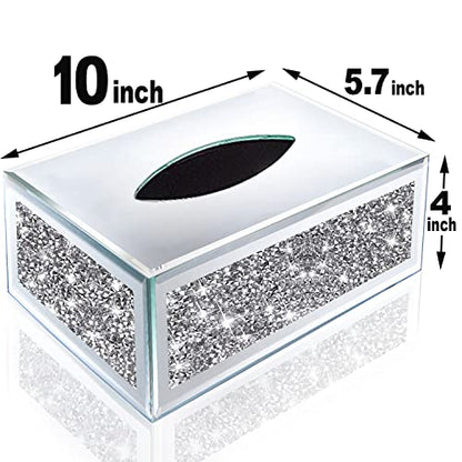 Wocred Rectangular Mirrored Tissue Box Cover,Crystal Crushed Diamond Tissue Box,Silver Luxury Tissue Holders for Either Tissues in a Bathroom or Napkins on a Table.(10”x5.7”x4”) - color: Silver