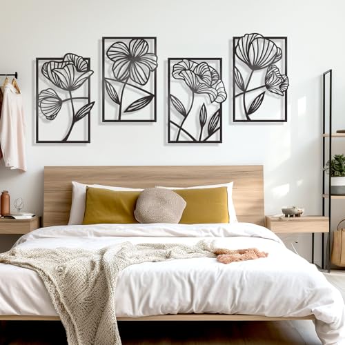 KOYILTD 4 Pcs Black Metal Wall Art Metal Flowers Wall Art Black Minimalist Line Art Wall Decor Room Decor Aesthetic Modern House Decor for Living Room Bedroom Bathroom Kitchen (Elegant)