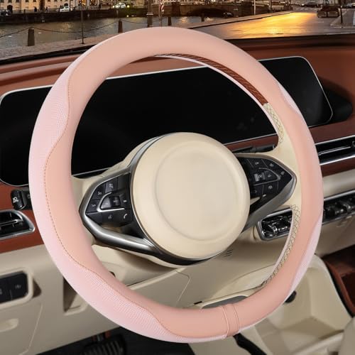14 inch Steering Wheel Cover for Prius Civic, Nappa Microfiber Leather Non-Slip Breathable Fabric, Warm in Winter and Cool in Summer, Pink Small 13.5 inch to 14 inch - color: Pink, size: Round-S[13.5''-14'']
