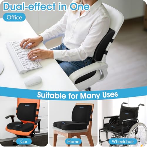 CushZone Ergonomic Seat Cushion & Lumbar Support Pillow - Memory Foam for Sciatica Pain Relief & Posture Correction, Non-Slip Chair Cushions for Office Chair/Car/Wheelchair/Travel (Black)