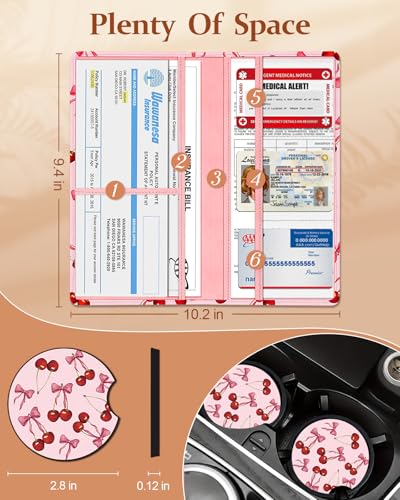 Slohif Car Registration and Insurance Holder - Cherry Vehicle Glove Box Organizer Women with Magnetic Shut Leather Automobile License Holders Coasters Auto Accessories Case for Document - color: Cherry Bow