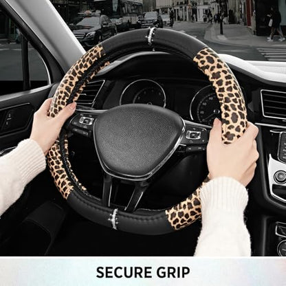 Road Comforts Leopard Steering Wheel Cover for Women, Cute Anti-Slip Microfiber Leather, Fits D Shape Flat Bottom Steering Wheel 14.5-15 Inch - Black - color: D Shape-Black