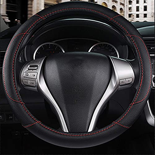Leather Car Steering Wheel Cover, Non-Slip Car Wheel Cover Protector Breathable Microfiber Leather Universal Fit for Most Cars(Black) - color: Black