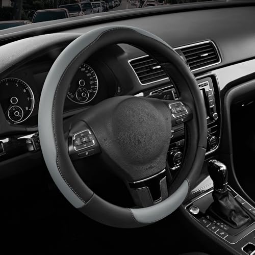 Road Comforts Steering Wheel Cover, Breathable Anti-Slip Leather Steering Wheel Cover, Universal Fit 14.5–15 Inch, Comfortable Grip - Gray Color