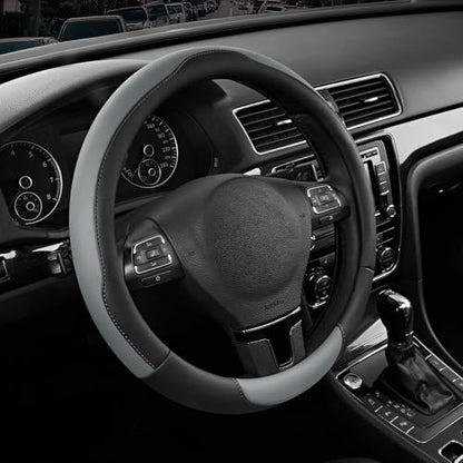 Road Comforts Steering Wheel Cover, Breathable Anti-Slip Leather Steering Wheel Cover, Universal Fit 14.5–15 Inch, Comfortable Grip - Gray Color