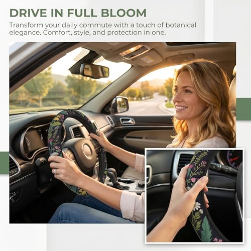 Wildflower Car Steering Wheel Cover Flowers Wildflower Steering Wheel Cover for Women Cute Anti-Slip Universal Breathable 14-15-in 2 Car Cup Coasters for Women
