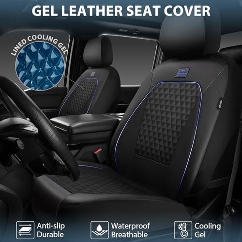 Outlet Leather Car Seat Covers Gel Wetsuit PU Front Seat Cover Waterproof EVA 2pcs All Weather Neoprene Universal Fit Pickup SUV Truck Sedan Automotive, Armrest Airbag Compatible, Rhombic Blue Strip - color: Black Blue, size: Front Seats