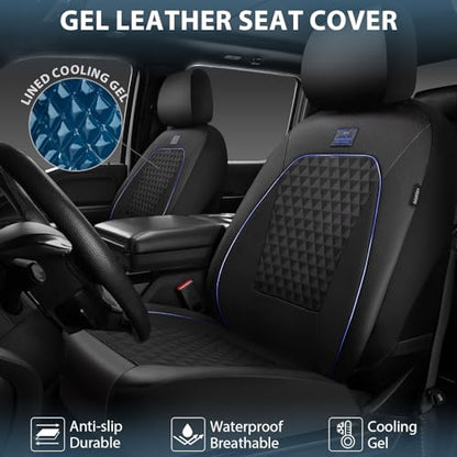 Outlet Leather Car Seat Covers Gel Wetsuit PU Front Seat Cover Waterproof EVA 2pcs All Weather Neoprene Universal Fit Pickup SUV Truck Sedan Automotive, Armrest Airbag Compatible, Rhombic Blue Strip - color: Black Blue, size: Front Seats