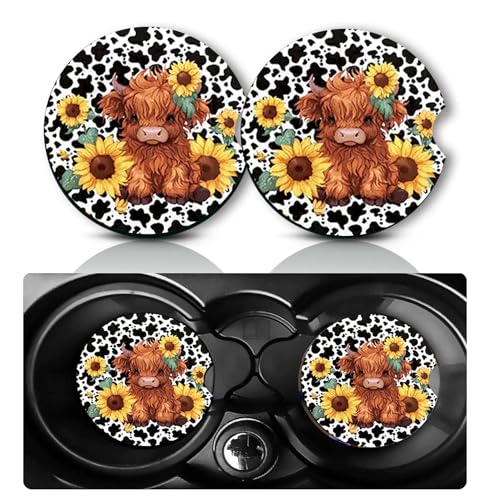 Car Coasters for Cup Holders,2 PCS Universal Non-Slip Sunflower Highland Cow Car Coasters,2.75" Rubber Mat,Highland Cow Cars Accessories Cup Drink Holder Coaster Decor Cows Gifts for Women,Men,Mom - color: Sunflower Cow Baby