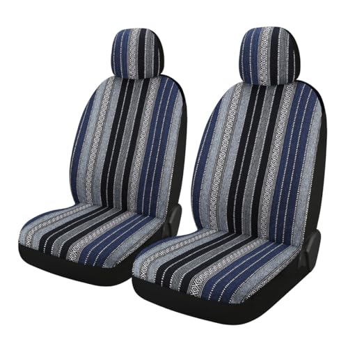 4PCS Baja Saddle Blanket Car Seat Covers, Front Set Breathable Washable Seat Covers with Seatbelt Pad, Striped Woven Cloth Airbag Compatible Seats Protector for Most Vehicles (Blue Stripe) - color: Blue Stripe