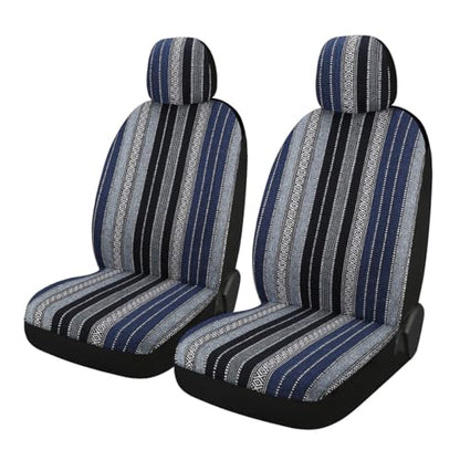 4PCS Baja Saddle Blanket Car Seat Covers, Front Set Breathable Washable Seat Covers with Seatbelt Pad, Striped Woven Cloth Airbag Compatible Seats Protector for Most Vehicles (Blue Stripe) - color: Blue Stripe