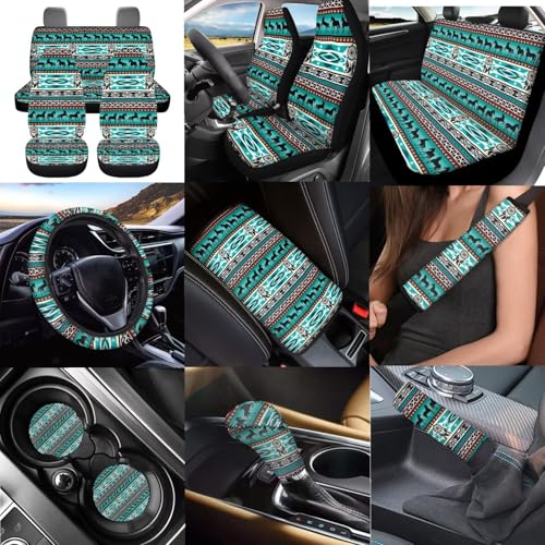 Dreaweet Aztec Car Seat Covers Full Set Native American Dreamcatcher and Horse Seat Covers with Steering Wheel Cover,Armrest Pads,Seat Belt Pads,Coasters,Gear Shift & Handbrake Cover,Universal Fit - color: Aztec Dreamcatcher Horse