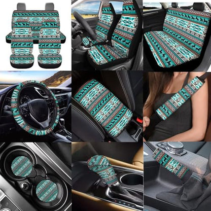 Dreaweet Aztec Car Seat Covers Full Set Native American Dreamcatcher and Horse Seat Covers with Steering Wheel Cover,Armrest Pads,Seat Belt Pads,Coasters,Gear Shift & Handbrake Cover,Universal Fit - color: Aztec Dreamcatcher Horse