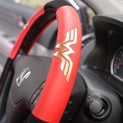 BDK Wonder Woman Steering Wheel Cover - Synthetic Leather - Stars & Gold Logo - Fits All Standard Size Wheel 15 Inch, Model Number: WBSW-1904 - style: Wonder Woman - Three tone