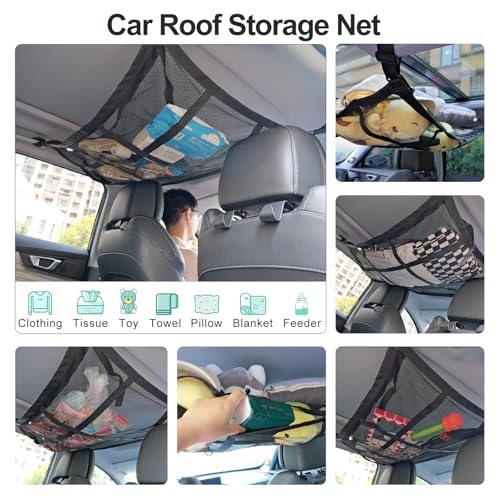 Car Ceiling Cargo Net Pocket, 31"x21" Nine Grid Mesh Nine SUV Roof Organizer Long Trip Storage Bag,Tent Putting Quilt Children's Toy Towel Sundries Interior Accessories