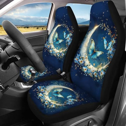 Moon Butterfly Car Seat Cover Set for 4 Pcs Women Cute Stretchy Split Bench Seat Covers Butterflies Car Interior Accessories Set Universal Vehicle Bucket Seat Pad Full Set - color: Butterfly and Moon