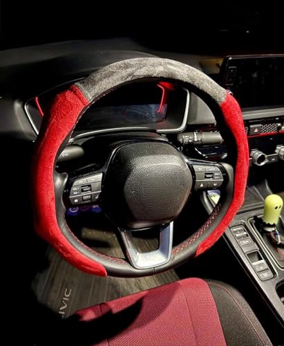 Quick Install Sporty Suede Steering Wheel Cover with Red Grips Universal fit Any 14 ½ to 15 inches Car SUV Pickup Steering Wheel - color: Black+Red Sides, size: Suede