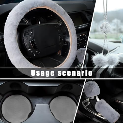 6 PCS Fluffy Steering Wheel Covers Set, 15 Inch Soft Steering Wheel Cover, Handbrake Cover & Gear Shift Cover & Cup Holder Coaster & Car Mirror Accessory, Car Accessories (Gray) - color: Gray