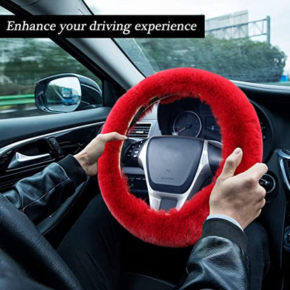WenMei 4PCS Set Fluffy Steering Wheel Covers with Handbrake Cover&Gear Shift Cover&Plush Keychain Furry Steering Wheel Cover for Women Girl Fashion Warm Car Wheel Protector Fit Most Car (Wine Red) - color: Wine Red