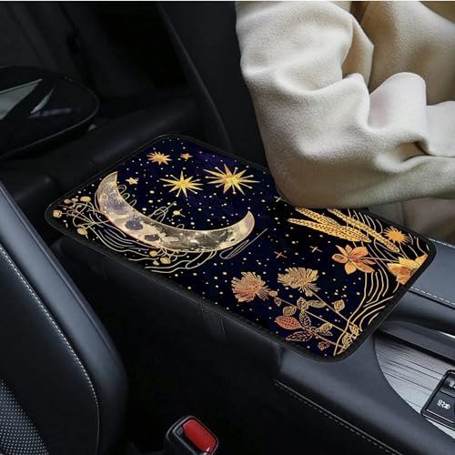 Universal Auto Center Console Pad and 2Pcs Car Coasters Set, Anti Slip Soft Neoprene Car Armrest Seat Box Cover Protector Universal Fit - Car Interior Accessories, Golden Moon Flower - color: 497