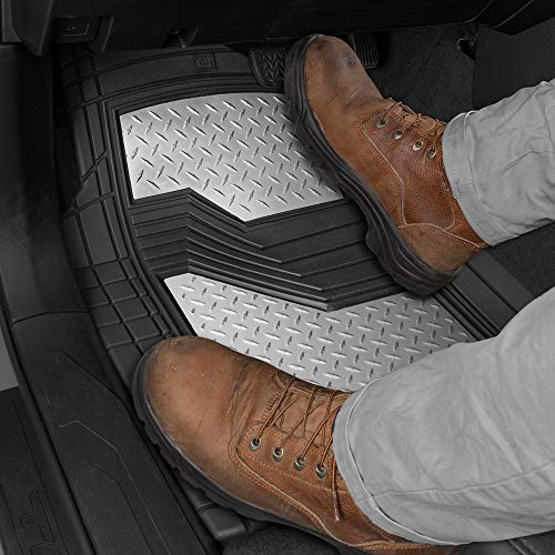 BDK Cat® Heavy Duty Rubber Floor Mats for Car SUV Truck & Van-All Weather Protection, Front & Rear with Heelpad & Anti-Slip Nibs Backing, Universal Trim-to-Fit - color: Black/Chrome, style: DiamondShield Metallic