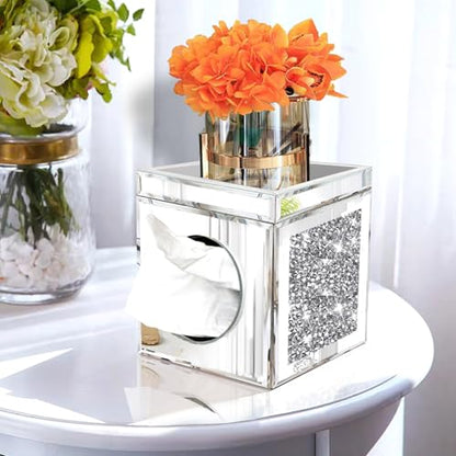 Wocred Square Tissue Box Cover Upgrades with Storage Tray,Crystal Crushed Diamond Tissue Box, Luxury Tissue Holders for Either Tissues in a Bathroom or Napkins on a Table.(6.5”x5.5”x5.5”) - color: Silver Tissue Box Tray