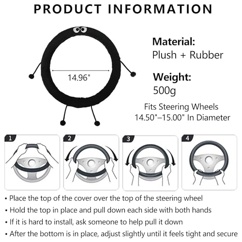 Car Headrest Pillow & Steering Wheel Cover Set with Cute Big-Eyed Furball Travel Neck Support Pillow Fur Car Interior Accessory (Black Ring Cover) - color: Black Ring Cover