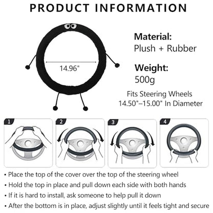 Car Headrest Pillow & Steering Wheel Cover Set with Cute Big-Eyed Furball Travel Neck Support Pillow Fur Car Interior Accessory (Black Ring Cover) - color: Black Ring Cover