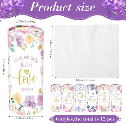 Outus 12 Pcs Floral Christian Car Tissues Cylinder Holder with 3 Ply Facial Tissue Bulk Inspirational Bible Verse Tissue Holder Flower Religious Travel Tissues Boxes Container for Car Cup Home Office - style: Flowers
